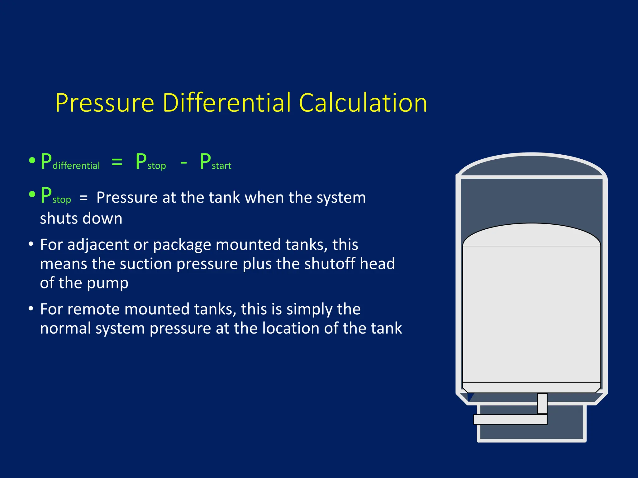 Pressure Differential Calculation
•Pdifferential = Pstop - Pstart
•Pstop = Pressure at the tank when the system
shuts down
• For adjacent or package mounted tanks, this
means the suction pressure plus the shutoff head
of the pump
• For remote mounted tanks, this is simply the
normal system pressure at the location of the tank
 