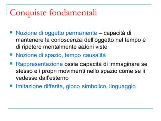 Conquiste fondamentali







Nozione di oggetto permanente – capacità di
mantenere la conoscenza dell’oggetto nel tempo e
di ripetere mentalmente azioni viste
Nozione di spazio, tempo causalità
Rappresentazione ossia capacità di immaginare se
stesso e i propri movimenti nello spazio come se li
vedesse dall’esterno
Imitazione differita, gioco simbolico, linguaggio

 