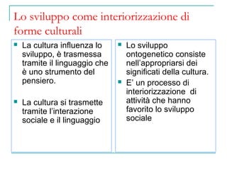 Lo sviluppo come interiorizzazione di
forme culturali




La cultura influenza lo
sviluppo, è trasmessa
tramite il linguaggio che
è uno strumento del
pensiero.
La cultura si trasmette
tramite l’interazione
sociale e il linguaggio





Lo sviluppo
ontogenetico consiste
nell’appropriarsi dei
significati della cultura.
E’ un processo di
interiorizzazione di
attività che hanno
favorito lo sviluppo
sociale

 