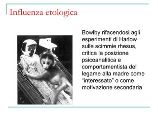 Influenza etologica
Bowlby rifacendosi agli
esperimenti di Harlow
sulle scimmie rhesus,
critica la posizione
psicoanalitica e
comportamentista del
legame alla madre come
“interessato” o come
motivazione secondaria

 