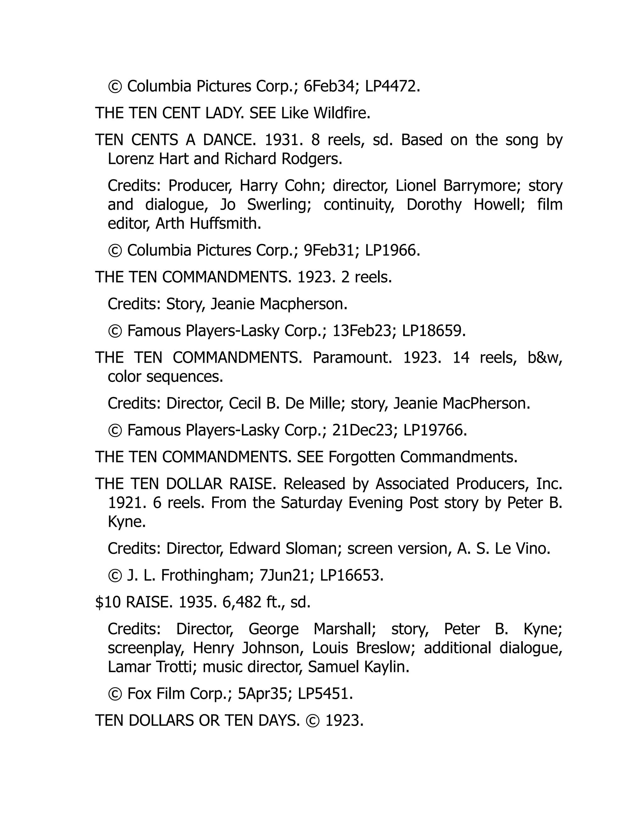 © Columbia Pictures Corp.; 6Feb34; LP4472.
THE TEN CENT LADY. SEE Like Wildfire.
TEN CENTS A DANCE. 1931. 8 reels, sd. Based on the song by
Lorenz Hart and Richard Rodgers.
Credits: Producer, Harry Cohn; director, Lionel Barrymore; story
and dialogue, Jo Swerling; continuity, Dorothy Howell; film
editor, Arth Huffsmith.
© Columbia Pictures Corp.; 9Feb31; LP1966.
THE TEN COMMANDMENTS. 1923. 2 reels.
Credits: Story, Jeanie Macpherson.
© Famous Players-Lasky Corp.; 13Feb23; LP18659.
THE TEN COMMANDMENTS. Paramount. 1923. 14 reels, b&w,
color sequences.
Credits: Director, Cecil B. De Mille; story, Jeanie MacPherson.
© Famous Players-Lasky Corp.; 21Dec23; LP19766.
THE TEN COMMANDMENTS. SEE Forgotten Commandments.
THE TEN DOLLAR RAISE. Released by Associated Producers, Inc.
1921. 6 reels. From the Saturday Evening Post story by Peter B.
Kyne.
Credits: Director, Edward Sloman; screen version, A. S. Le Vino.
© J. L. Frothingham; 7Jun21; LP16653.
$10 RAISE. 1935. 6,482 ft., sd.
Credits: Director, George Marshall; story, Peter B. Kyne;
screenplay, Henry Johnson, Louis Breslow; additional dialogue,
Lamar Trotti; music director, Samuel Kaylin.
© Fox Film Corp.; 5Apr35; LP5451.
TEN DOLLARS OR TEN DAYS. © 1923.
 