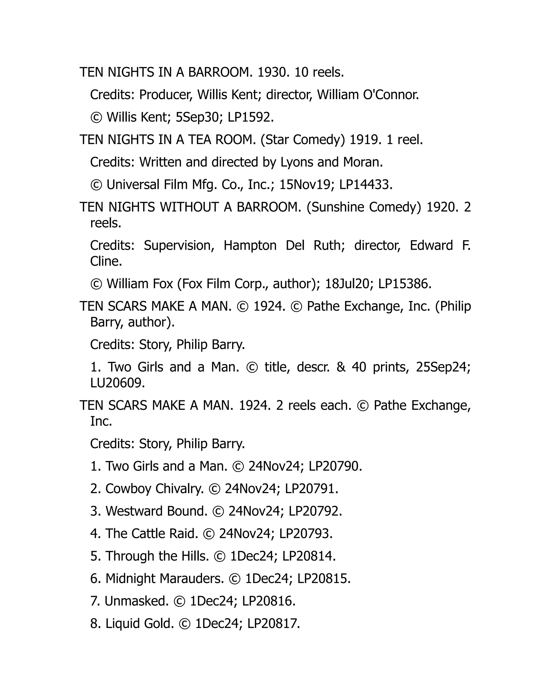 TEN NIGHTS IN A BARROOM. 1930. 10 reels.
Credits: Producer, Willis Kent; director, William O'Connor.
© Willis Kent; 5Sep30; LP1592.
TEN NIGHTS IN A TEA ROOM. (Star Comedy) 1919. 1 reel.
Credits: Written and directed by Lyons and Moran.
© Universal Film Mfg. Co., Inc.; 15Nov19; LP14433.
TEN NIGHTS WITHOUT A BARROOM. (Sunshine Comedy) 1920. 2
reels.
Credits: Supervision, Hampton Del Ruth; director, Edward F.
Cline.
© William Fox (Fox Film Corp., author); 18Jul20; LP15386.
TEN SCARS MAKE A MAN. © 1924. © Pathe Exchange, Inc. (Philip
Barry, author).
Credits: Story, Philip Barry.
1. Two Girls and a Man. © title, descr. & 40 prints, 25Sep24;
LU20609.
TEN SCARS MAKE A MAN. 1924. 2 reels each. © Pathe Exchange,
Inc.
Credits: Story, Philip Barry.
1. Two Girls and a Man. © 24Nov24; LP20790.
2. Cowboy Chivalry. © 24Nov24; LP20791.
3. Westward Bound. © 24Nov24; LP20792.
4. The Cattle Raid. © 24Nov24; LP20793.
5. Through the Hills. © 1Dec24; LP20814.
6. Midnight Marauders. © 1Dec24; LP20815.
7. Unmasked. © 1Dec24; LP20816.
8. Liquid Gold. © 1Dec24; LP20817.
 