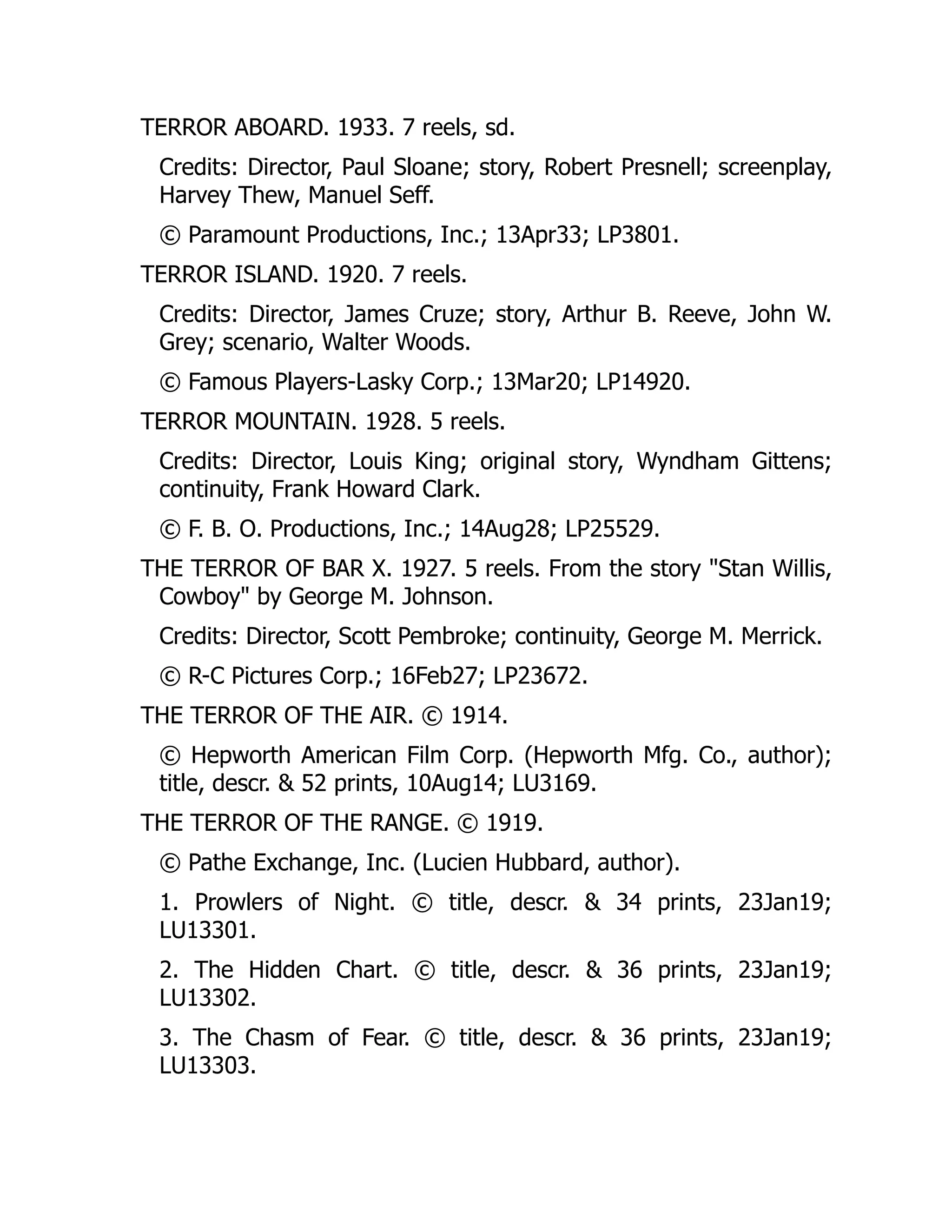 TERROR ABOARD. 1933. 7 reels, sd.
Credits: Director, Paul Sloane; story, Robert Presnell; screenplay,
Harvey Thew, Manuel Seff.
© Paramount Productions, Inc.; 13Apr33; LP3801.
TERROR ISLAND. 1920. 7 reels.
Credits: Director, James Cruze; story, Arthur B. Reeve, John W.
Grey; scenario, Walter Woods.
© Famous Players-Lasky Corp.; 13Mar20; LP14920.
TERROR MOUNTAIN. 1928. 5 reels.
Credits: Director, Louis King; original story, Wyndham Gittens;
continuity, Frank Howard Clark.
© F. B. O. Productions, Inc.; 14Aug28; LP25529.
THE TERROR OF BAR X. 1927. 5 reels. From the story "Stan Willis,
Cowboy" by George M. Johnson.
Credits: Director, Scott Pembroke; continuity, George M. Merrick.
© R-C Pictures Corp.; 16Feb27; LP23672.
THE TERROR OF THE AIR. © 1914.
© Hepworth American Film Corp. (Hepworth Mfg. Co., author);
title, descr. & 52 prints, 10Aug14; LU3169.
THE TERROR OF THE RANGE. © 1919.
© Pathe Exchange, Inc. (Lucien Hubbard, author).
1. Prowlers of Night. © title, descr. & 34 prints, 23Jan19;
LU13301.
2. The Hidden Chart. © title, descr. & 36 prints, 23Jan19;
LU13302.
3. The Chasm of Fear. © title, descr. & 36 prints, 23Jan19;
LU13303.
 