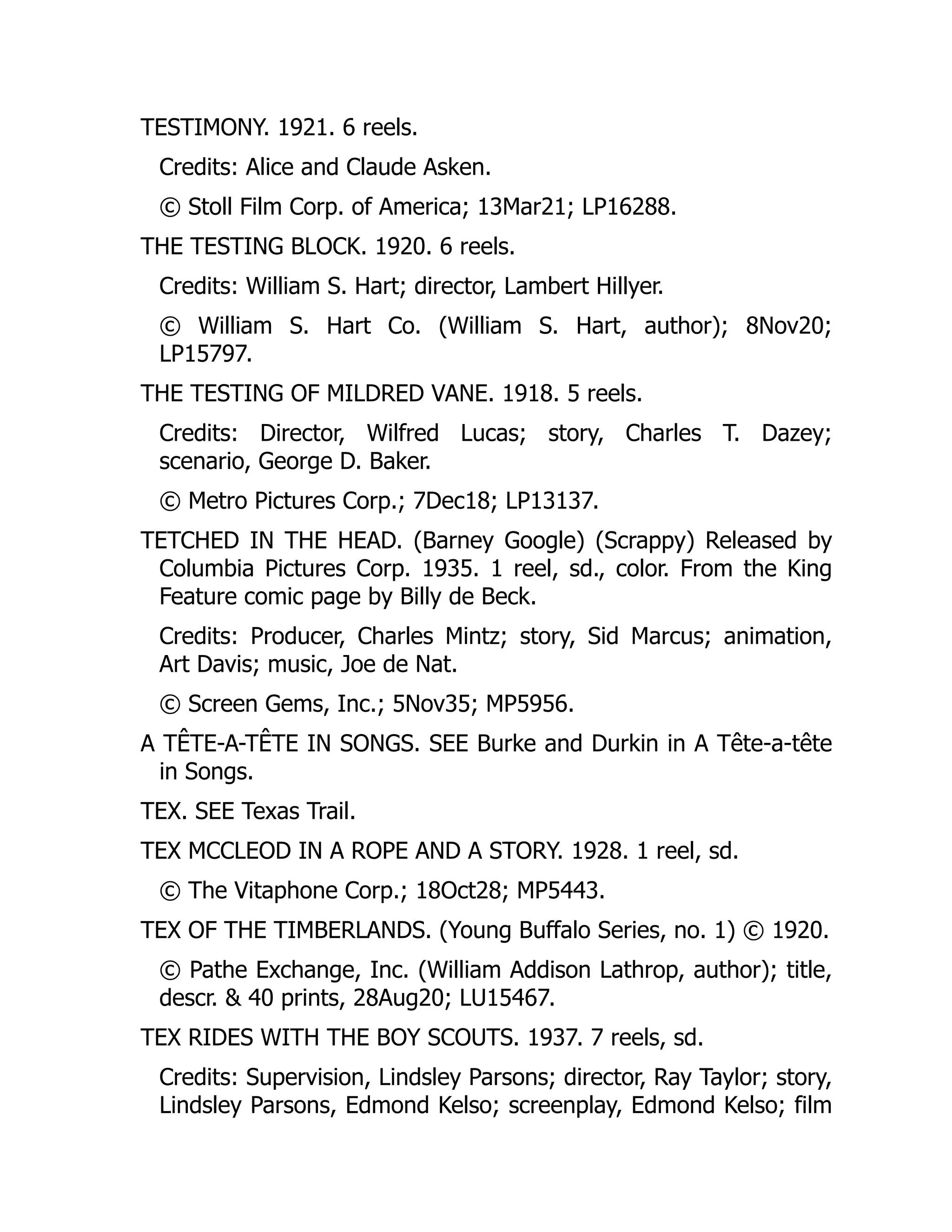 TESTIMONY. 1921. 6 reels.
Credits: Alice and Claude Asken.
© Stoll Film Corp. of America; 13Mar21; LP16288.
THE TESTING BLOCK. 1920. 6 reels.
Credits: William S. Hart; director, Lambert Hillyer.
© William S. Hart Co. (William S. Hart, author); 8Nov20;
LP15797.
THE TESTING OF MILDRED VANE. 1918. 5 reels.
Credits: Director, Wilfred Lucas; story, Charles T. Dazey;
scenario, George D. Baker.
© Metro Pictures Corp.; 7Dec18; LP13137.
TETCHED IN THE HEAD. (Barney Google) (Scrappy) Released by
Columbia Pictures Corp. 1935. 1 reel, sd., color. From the King
Feature comic page by Billy de Beck.
Credits: Producer, Charles Mintz; story, Sid Marcus; animation,
Art Davis; music, Joe de Nat.
© Screen Gems, Inc.; 5Nov35; MP5956.
A TÊTE-A-TÊTE IN SONGS. SEE Burke and Durkin in A Tête-a-tête
in Songs.
TEX. SEE Texas Trail.
TEX MCCLEOD IN A ROPE AND A STORY. 1928. 1 reel, sd.
© The Vitaphone Corp.; 18Oct28; MP5443.
TEX OF THE TIMBERLANDS. (Young Buffalo Series, no. 1) © 1920.
© Pathe Exchange, Inc. (William Addison Lathrop, author); title,
descr. & 40 prints, 28Aug20; LU15467.
TEX RIDES WITH THE BOY SCOUTS. 1937. 7 reels, sd.
Credits: Supervision, Lindsley Parsons; director, Ray Taylor; story,
Lindsley Parsons, Edmond Kelso; screenplay, Edmond Kelso; film
 