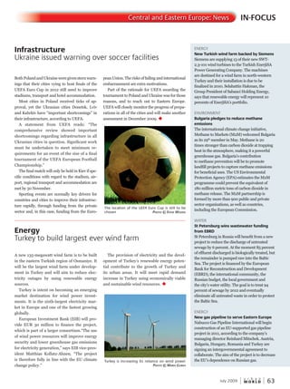 W O R L D
u r b a n
July 2009 63
BothPolandandUkraineweregivensternwarn-
ings that their cities vying to host finals of the
UEFA Euro Cup in 2012 still need to improve
stadiums, transport and hotel accommodation.
Most cities in Poland received ticks of ap-
proval, yet the Ukranian cities Donetsk, Lviv
and Kahrkiv have “important shortcomings” in
their infrastructure, according to UEFA.
A statement from UEFA reads: “The
comprehensive review showed important
shortcomings regarding infrastructure in all
Ukranian cities in question. Significant work
must be undertaken to meet minimum re-
quirements for an event of the size of a final
tournament of the UEFA European Football
Championship.”
The final match will only be held in Kiev if spe-
cific conditions with regard to the stadium, air-
port, regional transport and accommodation are
met by 30 November.
Sporting events are normally key drivers for
countries and cities to improve their infrastruc-
ture rapidly, through funding from the private
sector and, in this case, funding from the Euro-
pean Union. The risks of failing and international
embarrassment are extra motivations.
Part of the rationale for UEFA awarding the
tournament to Poland and Ukraine was for those
reasons, and to reach out to Eastern Europe.
UEFA will closely monitor the progress of prepa-
rations in all of the cities and will make another
assessment in December 2009. u
A new 135-megawatt wind farm is to be built
in the eastern Turkish region of Osmaniye. It
will be the largest wind farm under develop-
ment in Turkey and will aim to reduce elec-
tricity outages by using renewable energy
sources.
Turkey is intent on becoming an emerging
market destination for wind power invest-
ments. It is the sixth-largest electricity mar-
ket in Europe and one of the fastest growing
globally.
European Investment Bank (EIB) will pro-
vide EUR 30 million to finance the project,
which is part of a larger consortium.“The use
of wind power resources will improve energy
security and lower greenhouse gas emissions
for electricity generation,” says EIB vice-pres-
ident Matthias Kollatz-Ahnen. “The project
is therefore fully in line with the EU climate
change policy.”
The provision of electricity and the devel-
opment of Turkey’s renewable energy poten-
tial contribute to the growth of Turkey and
its urban areas. It will meet rapid demand
increase in Turkey using economically viable
and sustainable wind resources. u
Infrastructure
Ukraine issued warning over soccer facilities
Energy
Turkey to build largest ever wind farm
IN-FOCUSCentral and Eastern Europe: News
ENERGY
New Turkish wind farm backed by Siemens
Siemens are supplying 13 of their new SWT-
2.3-101 wind turbines to the Turkish EnerjiSA
Power Generating Company. The machines
are destined for a wind farm in north-western
Turkey and their installation is due to be
finalized in 2010. Selahattin Hakman, the
Group President of Sabanci Holding Energy,
says that renewable energy will represent 10
percents of EnerjiSA’s portfolio.
ENVIRONMENT
Bulgaria pledges to reduce methane
emissions
The international climate change initiative,
Methane to Markets (M2M) welcomed Bulgaria
as its 29th
member in May. Methane is 20th
member in May. Methane is 20th
times stronger than carbon dioxide at trapping
heat in the atmosphere, making it a powerful
greenhouse gas. Bulgaria’s contribution
to methane prevention will be to promote
landfill projects to capture methane emissions
for beneficial uses. The US Environmental
Protection Agency (EPA) estimates the M2M
programme could prevent the equivalent of
180 million metric tons of carbon dioxide in
methane release. The M2M partnership is
formed by more than 900 public and private
sector organizations, as well as countries,
including the European Commission.
WATER
St Petersburg wins wastewater funding
from EBRD
St Petersburg in Russia will benefit from a new
project to reduce the discharge of untreated
sewage by 6 percent. At the moment 85 percent
of effluent discharged is biologically treated, but
the remainder is pumped raw into the Baltic
Sea. The project is financed by the European
Bank for Reconstruction and Development
(EBRD), the international community, the
Russian budget, the local government and
the city’s water utility. The goal is to treat 94
percent of sewage by 2012 and eventually
eliminate all untreated waste in order to protect
the Baltic Sea.
ENERGY
New gas pipeline to serve Eastern Europe
Nabucco Gas Pipeline International will begin
construction of an EU-supported gas pipeline
project in 2011, according to the company’s
managing director Reinhard Mitschek. Austria,
Bulgaria, Hungary, Romania and Turkey are
signing an intergovernmental agreement to
collaborate. The aim of the project is to decrease
the EU’s dependence on Russian gas.Turkey is increasing its reliance on wind power
PhotoPhotoP © mariamariam Gurka
The location of the UEFA Euro Cup is still to be
chosen PhotoPhotoP © steve Wteve Wteve oodsWoodsW
 