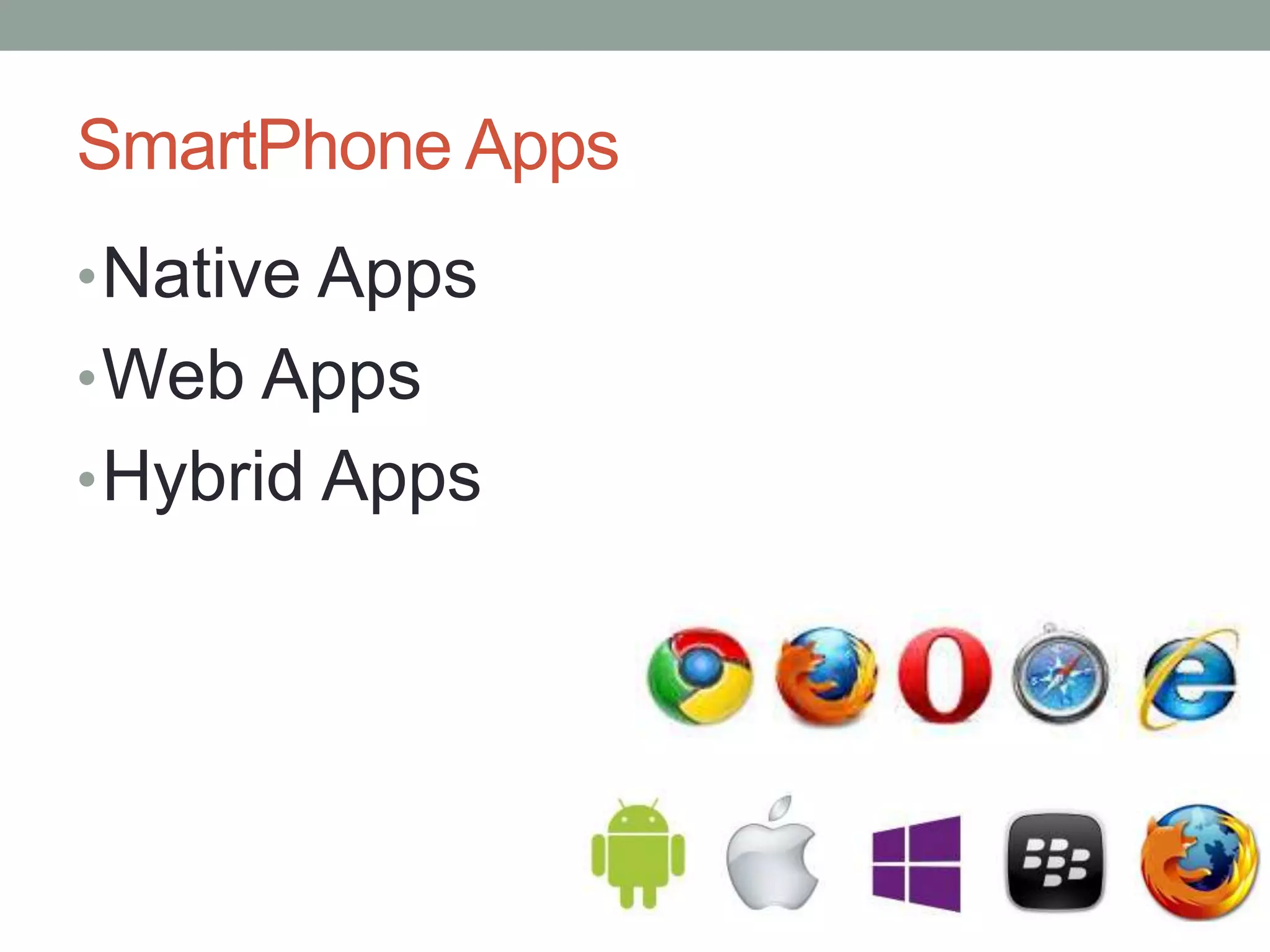 SmartPhone Apps
•Native Apps
•Web Apps
•Hybrid Apps
 