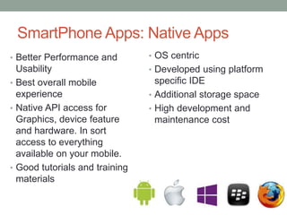 SmartPhone Apps: Native Apps
• OS centric
• Developed using platform
specific IDE
• Additional storage space
• High development and
maintenance cost
• Better Performance and
Usability
• Best overall mobile
experience
• Native API access for
Graphics, device feature
and hardware. In sort
access to everything
available on your mobile.
• Good tutorials and training
materials
 