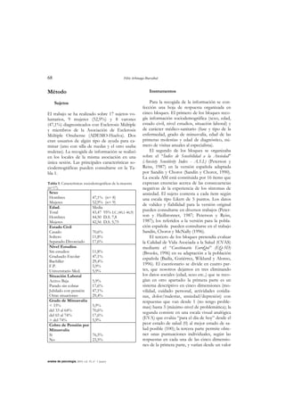 68 Félix Arbinaga Ibarzábal
anales de psicología, 2003, vol. 19, nº 1 (junio)
Método
Sujetos
El trabajo se ha realizado sobre 17 sujetos vo-
luntarios, 9 mujeres (52,9%) y 8 varones
(47,1%) diagnosticados con Esclerosis Múltiple
y miembros de la Asociación de Esclerosis
Múltiple Onubense (ADEMO-Huelva). Dos
eran usuarios de algún tipo de ayuda para ca-
minar (uno con silla de ruedas y el otro usaba
muletas). La recogida de información se realizó
en los locales de la misma asociación en una
única sesión. Las principales características so-
ciodemográficas pueden consultarse en la Ta-
bla 1.
Tabla 1: Características sociodemográficas de la muestra
(n=17).
Sexo
Hombres
Mujeres
47,1% (n= 8)
52,9% (n= 9)
Edad.
Total
Hombres
Mujeres
Media
43,47 95% I.C.(40,1-46,9)
44,50 D.S. 7,8
42,56 D.S. 5,75
Estado Civil
Casado
Soltero
Separado-Divorciado
70,6%
11,8%
17,6%
Nivel Estudios
Sin estudios
Graduado Escolar
Bachiller
F.P.
Universitario Med.
11,8%
47,1%
29,4%
5,9%
5,9%
Situación Laboral
Activo Baja
Parado sin cobrar
Jubilado con pensión
Otras situaciones
5,9%
17,6%
47,1%
29,4%
Grado de Minusvalía
< 33%
del 33 al 64%
del 65 al 74%
> del 74%
5,9%
70,6%
17,6%
5,9%
Cobro de Pensión por
Minusvalía
Si
No
76,5%
23,5%
Instrumentos
Para la recogida de la información se con-
fección una hoja de respuesta organizada en
cinco bloques. El primero de los bloques reco-
gía información sociodemográfica (sexo, edad,
estado civil, nivel estudios, situación laboral) y
de carácter médico-sanitario (fase y tipo de la
enfermedad, grado de minusvalía, edad de las
primeras molestias y edad de diagnóstico, nú-
mero de visitas anuales al especialista).
El segundo de los bloques se organizaba
sobre el “Índice de Sensibilidad a la Ansiedad”
(Anxiety Sensitivity Index - A.S.I.) (Peterson y
Reiss, 1987) en la versión española adaptada
por Sandín y Chorot (Sandín y Chorot, 1990).
La escala ASI está constituida por 16 ítems que
expresan creencias acerca de las consecuencias
negativas de la experiencia de los síntomas de
ansiedad. El sujeto contesta a cada ítem según
una escala tipo Likert de 5 puntos. Los datos
de validez y fiabilidad para la versión original
pueden consultarse en diversos trabajos (Peter-
son y Heilbronner, 1987; Peterson y Reiss,
1987); los referidos a la versión para la pobla-
ción española pueden consultarse en el trabajo
Sandín, Chorot y McNally (1996).
El tercero de los bloques pretendía evaluar
la Calidad de Vida Asociada a la Salud (CVAS)
mediante el “Cuestionario EuroQol” (EQ-5D)
(Brooks, 1996) en su adaptación a la población
española (Badía, Gutiérrez, Wiklund y Alonso,
1996). El cuestionario se divide en cuatro par-
tes, que nosotros dejamos en tres eliminando
los datos sociales (edad, sexo etc..) que se reco-
gían en otro apartado: la primera parte es un
sistema descriptivo en cinco dimensiones (mo-
vilidad, cuidado personal, actividades cotidia-
nas, dolor/malestar, ansiedad/depresión) con
respuestas que van desde 1 (no tengo proble-
mas) hasta 3 (máximo nivel de problemática); la
segunda consiste en una escala visual analógica
(EVA) que evalúa “para el día de hoy” desde el
peor estado de salud (0) al mejor estado de sa-
lud posible (100); la tercera parte permite obte-
ner unas puntuaciones individuales, según las
respuestas en cada una de las cinco dimensio-
nes de la primera parte, y varían desde un valor
 