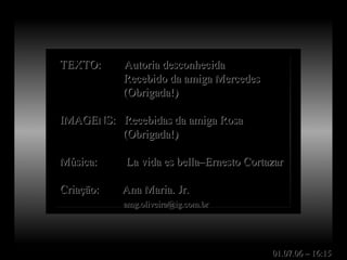 TEXTO:     Autoria desconhecida
           Recebido da amiga Mercedes
           (Obrigada!)

IMAGENS: Recebidas da amiga Rosa
         (Obrigada!)

Música:    La vida es bella–Ernesto Cortazar

Criação:   Ana Maria. Jr.
           amg.oliveira@ig.com.br




                                         01.07.06 – 16:15
 