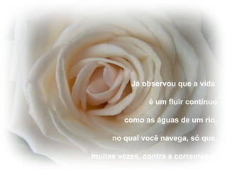 Já observou que a vida

               é um fluir contínuo

        como as águas de um rio,

     no qual você navega, só que,

muitas vezes, contra a correnteza?
 
