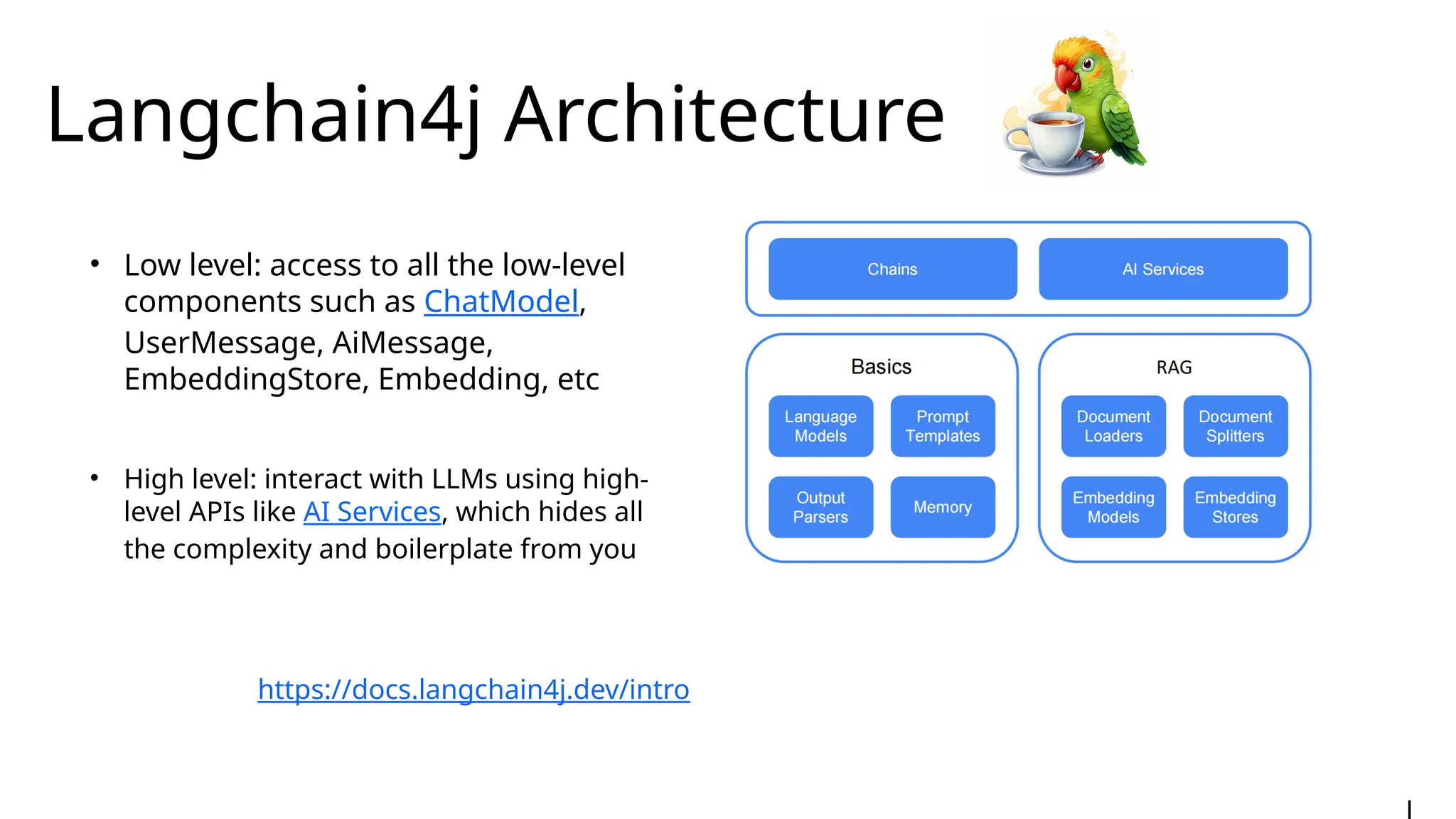 Langchain4j Architecture
https://docs.langchain4j.dev/intro
• Low level: access to all the low-level
components such as ChatModel,
UserMessage, AiMessage,
EmbeddingStore, Embedding, etc
• High level: interact with LLMs using high-
level APIs like AI Services, which hides all
the complexity and boilerplate from you
 