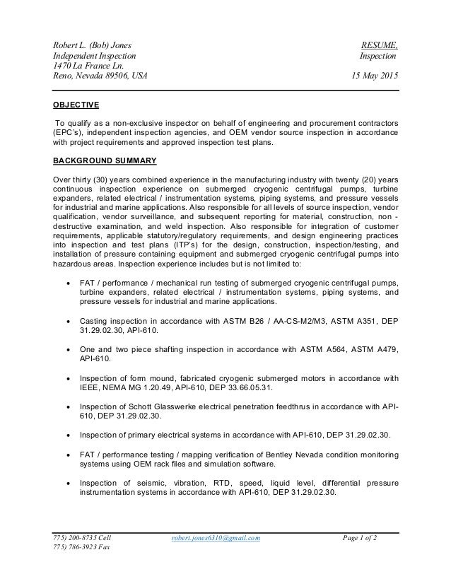 Inspection Resume, Robert Jones, 15 May 15
