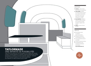 TAYLORMADE
UNE INFINITÉ DE POSSIBILITÉS
Trailer Prod vous propose de vous accompagner afin d’imaginer des concepts
novateurs : boutique éphémère ou itinérante, restaurant gastronomique, bureau
de production ou réceptif sur les events et festivals, loges VIP… L’Airstream
de Trailer Prod peut se décliner en une infinité de possibilités
pour répondre à vos idées et besoins les plus créatifs.
AVANTAGES
■ 	ORIGINAL : unique en Europe
de par sa taille et ses fonctionnalités
■ 	FONCTIONNEL : possibilité
de combiner les atouts du studio TV
avec la dimension évènementielle
de l’Airstream, dont sa cuisine,
pensée Jean-Yves Schillinger,
Chef étoilé (le JY’s Colmar)
■ 	 FULL EQUIPPED : possibilité de
combiner les usages de l’Airsteam
avec ses véhicules de tractage
de standing, et adaptés à toute
situation
■ 	MOBILE : vos envies n’ont plus
de limites…
SERVICES
■ 	Mise à disposition, étude
et coordination,
gestion des autorisations
■ 	Aménagement, équipement
et personnalisation sur-mesure
■ 	Service de restauration du barman
au chef étoilé
■ 	Conception et production technique
■ 	Accompagnement, conseil
et production de l’événement
à son broadcast :
www.prodalademande.com
Web :
trailerprod
.com
 