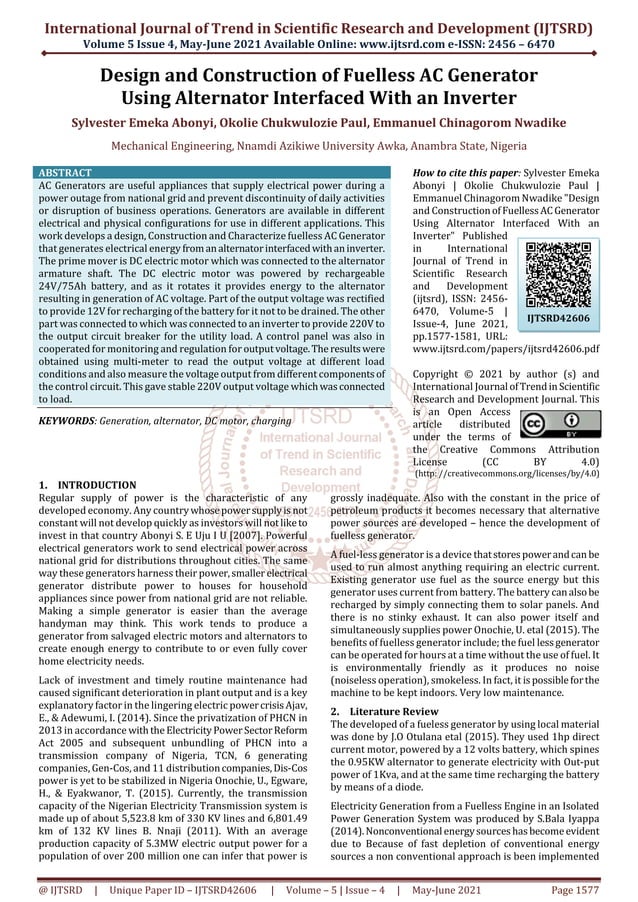 Design and Construction of Fuelless AC Generator Using Alternator ...
