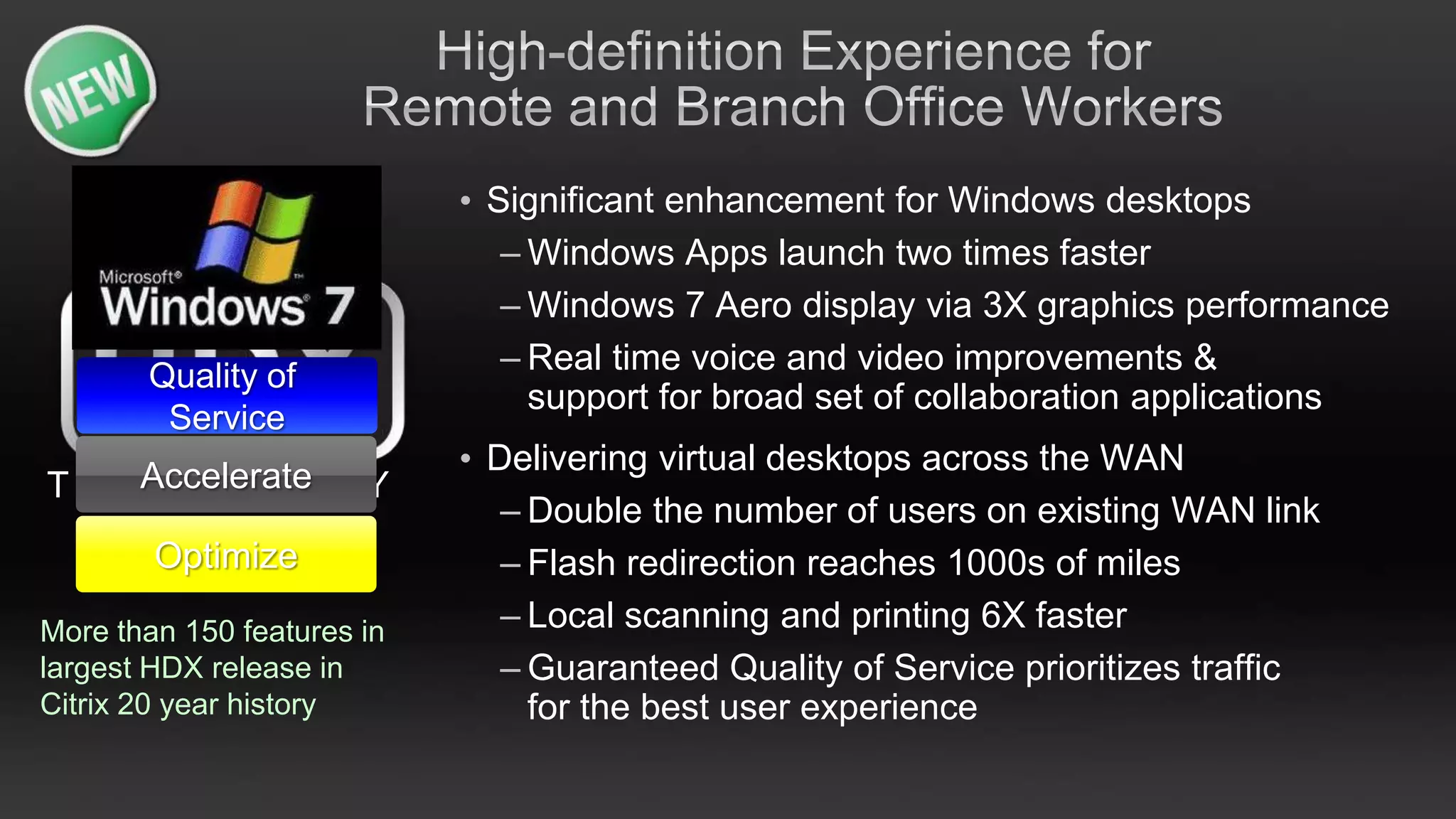 • Significant enhancement for Windows desktops
                               – Windows Apps launch two times faster
                               – Windows 7 Aero display via 3X graphics performance
       Quality of
                               – Real time voice and video improvements &
                                 support for broad set of collaboration applications
        Service
                            • Delivering virtual desktops across the WAN
T E C Accelerate G Y
      HNOLO
                               – Double the number of users on existing WAN link
        Optimize               – Flash redirection reaches 1000s of miles
More than 150 features in      – Local scanning and printing 6X faster
largest HDX release in         – Guaranteed Quality of Service prioritizes traffic
Citrix 20 year history           for the best user experience
 