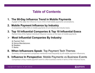 Copyright © 2013 Appinions. All rights reserved.Copyright © 2014 Appinions. All rights reserved.
1.  The 90-Day Influence Trend in Mobile Payments
A graph of the daily Net Influence Score (NIS) of all mobile payments conversations.
2.  Mobile Payment Influence by Industry
A comparison of the NIS on mobile payments on an industry-by-industry basis.
3.  Top 10 Influential Companies & Top 10 Influential Execs
Ranked lists of the highest individual influencer scores on the topic of mobile payments.
Ø  Most Influential Companies By Industry:
4. Payment Tech
5. Device Manufacturers
6. Retailers
7. Banks
8.  When Influencers Speak: Top Payment Tech Themes
Summary of the payment companies mentioned most frequently by all mobile payment influencers.
9.  Influence In Perspective: Mobile Payments vs Business Events
Comparison of key mobile payment event to other business events in terms of Net Influence Score.
Table of Contents
 