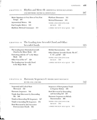 |
XiV. CONTENTS
CHAPTER 21 Tonicization and Modulation I:
SECONDARY DOMINANT CHORDS 365
Tonicization and Modulation 366 Tonicizations of ITI, VI, and VII in the
Secondary or Applied Dominant Minor Mode 376
Chords 366 Cross Relations 378
Approaching Altered Notes in Secondary Extended Successions of Secondary
Dominants 367 Dominants 379
Tonicization of the Dominant 369 Melody Harmonization 383
Tonicization of the Subdominant 371 TERMS AND CONCEPTS FOR
Tonicization of ii, vi, and iii in the Major
REVIEW 354
Mode 378 A BRIEF REVIEW SELF-QUIZ 354
CHAPTER 22. Tonicization and Modulation II: moriox ro © AND OM 386
The Strength and Duration Modulation to the Relative Major
of Tonicizations 386 in the Minor Mode 396
Modulation 388 Intramovement Tonal Schemes Involving
Methods of Modulation 390 Modulation to the Relative Major 398
Modulation to the Dominant Key Melody Harmonization 401
in the Major Mode 393 TERMS AND CONCEPTS FOR
Intermovement Tonal Schemes Involving
REVIEW 403
Modulation to the Dominant 394 A BRIEF REVIEW SELF-QUIZ 403
CHAPTER 23. Harmonic Sequences II: ssQUENCES OF SEVENTH CHORDS
AND OTHER SEQUENCES 406
Diatonic Root-position Seventh Chords Unusual Treatment of Seventh Chords
in Sequences Descending by 5th 406 in Sequential Movement 417
Sequences using Inverted Diatonic Seventh The Elaboration of Sequences 421
Chords 409 TERMS AND CONCEPTS FOR
The Use of Secondarv Dominants REVIEW 422
in Harmonic Sequences 412 A BRIEF REVIEW SELF-QUIZ 423
Other Diatonic Sequences 415
Sequences as a Means of Modulation 417
 