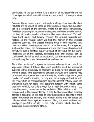 80
carnivores. At the same time, it is a season of increased danger for
those species which are still active and upon which these predators
prey.
Because these hunters are continually stalking other animals, their
habitats are as varied as those of their quarries. Thus, the mountain
lion is a creature of the rimrock, where he can most conveniently
find deer browsing on mountain-mahogany; while his smaller cousin,
the bobcat, stalks smaller animals in the slope chaparral. The wild
dogs hunt plains and brushy country for ground squirrels and
rabbits. In the weasel family we find the marten in the treetops
pursuing squirrels, the weasel hunting mice in the meadow, and
mink and otter pursuing prey near to or in the water, Some species,
such as the bears, are omnivorous and may be encountered almost
anywhere that a plentiful supply of food of any kind can be found.
Practically all of the species, excepting bats and skunks, can be
considered diurnal as well as nocturnal, but the majority are most
active during the hours between dusk and sunrise.
Since the carnivores’ purpose in Nature’s scheme is to control the
vegetable eaters, it follows that each predator must be somewhat
superior, either physically or mentally, or both, to the species upon
which it preys. The associations between pursuer and pursued may
be casual with species such as the coyote, which preys on a great
number of smaller species, or they may be sharply defined as with
the lynx, which in certain localities depends almost entirely upon the
snowshoe hare for food. The apparent ferocity with which some
predators will kill, not only enough for a meal, but much more
than they need, cannot as yet be explained. This habit is most
pronounced in the weasel family. It may be that more than ordinary
control is called for in the case of their host species, rodents in most
cases. Whatever the reason, this wanton killing has not upset the
balance which these species maintain. Man, the most ruthless and
intelligent predator of all, is the only species which has been
successful in exterminating others.
 