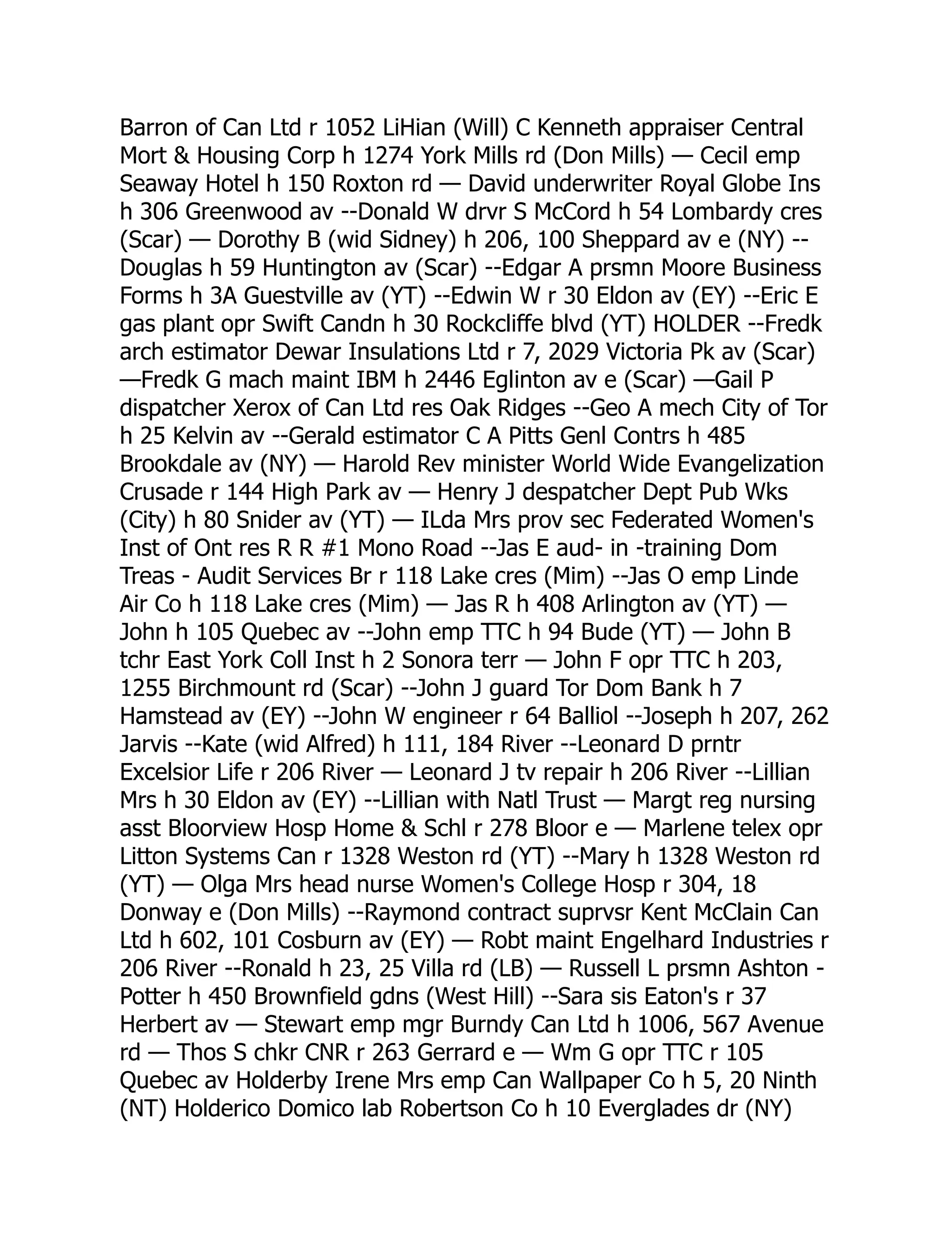 Barron of Can Ltd r 1052 LiHian (Will) C Kenneth appraiser Central Mort & Housing Corp h 1274 York Mills rd (Don Mills) — Cecil emp Seaway Hotel h 150 Roxton rd — David underwriter Royal Globe Ins h 306 Greenwood av --Donald W drvr S McCord h 54 Lombardy cres (Scar) — Dorothy B (wid Sidney) h 206, 100 Sheppard av e (NY) -- Douglas h 59 Huntington av (Scar) --Edgar A prsmn Moore Business Forms h 3A Guestville av (YT) --Edwin W r 30 Eldon av (EY) --Eric E gas plant opr Swift Candn h 30 Rockcliffe blvd (YT) HOLDER --Fredk arch estimator Dewar Insulations Ltd r 7, 2029 Victoria Pk av (Scar) —Fredk G mach maint IBM h 2446 Eglinton av e (Scar) —Gail P dispatcher Xerox of Can Ltd res Oak Ridges --Geo A mech City of Tor h 25 Kelvin av --Gerald estimator C A Pitts Genl Contrs h 485 Brookdale av (NY) — Harold Rev minister World Wide Evangelization Crusade r 144 High Park av — Henry J despatcher Dept Pub Wks (City) h 80 Snider av (YT) — ILda Mrs prov sec Federated Women's Inst of Ont res R R #1 Mono Road --Jas E aud- in -training Dom Treas - Audit Services Br r 118 Lake cres (Mim) --Jas O emp Linde Air Co h 118 Lake cres (Mim) — Jas R h 408 Arlington av (YT) — John h 105 Quebec av --John emp TTC h 94 Bude (YT) — John B tchr East York Coll Inst h 2 Sonora terr — John F opr TTC h 203, 1255 Birchmount rd (Scar) --John J guard Tor Dom Bank h 7 Hamstead av (EY) --John W engineer r 64 Balliol --Joseph h 207, 262 Jarvis --Kate (wid Alfred) h 111, 184 River --Leonard D prntr Excelsior Life r 206 River — Leonard J tv repair h 206 River --Lillian Mrs h 30 Eldon av (EY) --Lillian with Natl Trust — Margt reg nursing asst Bloorview Hosp Home & Schl r 278 Bloor e — Marlene telex opr Litton Systems Can r 1328 Weston rd (YT) --Mary h 1328 Weston rd (YT) — Olga Mrs head nurse Women's College Hosp r 304, 18 Donway e (Don Mills) --Raymond contract suprvsr Kent McClain Can Ltd h 602, 101 Cosburn av (EY) — Robt maint Engelhard Industries r 206 River --Ronald h 23, 25 Villa rd (LB) — Russell L prsmn Ashton - Potter h 450 Brownfield gdns (West Hill) --Sara sis Eaton's r 37 Herbert av — Stewart emp mgr Burndy Can Ltd h 1006, 567 Avenue rd — Thos S chkr CNR r 263 Gerrard e — Wm G opr TTC r 105 Quebec av Holderby Irene Mrs emp Can Wallpaper Co h 5, 20 Ninth (NT) Holderico Domico lab Robertson Co h 10 Everglades dr (NY) 