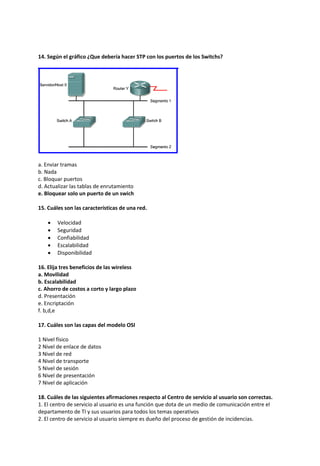 14. Según el gráfico ¿Que debería hacer STP con los puertos de los Switchs?
a. Enviar tramas
b. Nada
c. Bloquar puertos
d. Actualizar las tablas de enrutamiento
e. Bloquear solo un puerto de un swich
15. Cuáles son las características de una red.
 Velocidad
 Seguridad
 Confiabilidad
 Escalabilidad
 Disponibilidad
16. Elija tres beneficios de las wireless
a. Movilidad
b. Escalabilidad
c. Ahorro de costos a corto y largo plazo
d. Presentación
e. Encriptación
f. b,d,e
17. Cuáles son las capas del modelo OSI
1 Nivel físico
2 Nivel de enlace de datos
3 Nivel de red
4 Nivel de transporte
5 Nivel de sesión
6 Nivel de presentación
7 Nivel de aplicación
18. Cuáles de las siguientes afirmaciones respecto al Centro de servicio al usuario son correctas.
1. El centro de servicio al usuario es una función que dota de un medio de comunicación entre el
departamento de TI y sus usuarios para todos los temas operativos
2. El centro de servicio al usuario siempre es dueño del proceso de gestión de incidencias.
 