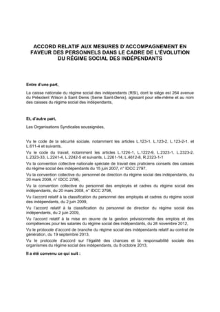 ACCORD RELATIF AUX MESURES D’ACCOMPAGNEMENT EN
FAVEUR DES PERSONNELS DANS LE CADRE DE L’ÉVOLUTION
DU RÉGIME SOCIAL DES IND...