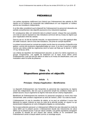 Accord d’intéressement des salariés du RSI pour les années 2016-2018, du 7 juin 2016 - 2
PRÉAMBULE
Les parties signataires...