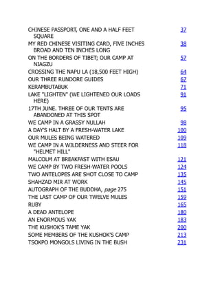 CHINESE PASSPORT, ONE AND A HALF FEET
SQUARE
37
MY RED CHINESE VISITING CARD, FIVE INCHES
BROAD AND TEN INCHES LONG
38
ON THE BORDERS OF TIBET; OUR CAMP AT
NIAGZU
57
CROSSING THE NAPU LA (18,500 FEET HIGH) 64
OUR THREE RUNDORE GUIDES 67
KERAMBUTABUK 71
LAKE "LIGHTEN" (WE LIGHTENED OUR LOADS
HERE)
91
17TH JUNE. THREE OF OUR TENTS ARE
ABANDONED AT THIS SPOT
95
WE CAMP IN A GRASSY NULLAH 98
A DAY'S HALT BY A FRESH-WATER LAKE 100
OUR MULES BEING WATERED 109
WE CAMP IN A WILDERNESS AND STEER FOR
"HELMET HILL"
118
MALCOLM AT BREAKFAST WITH ESAU 121
WE CAMP BY TWO FRESH-WATER POOLS 124
TWO ANTELOPES ARE SHOT CLOSE TO CAMP 135
SHAHZAD MIR AT WORK 145
AUTOGRAPH OF THE BUDDHA, page 275 151
THE LAST CAMP OF OUR TWELVE MULES 159
RUBY 165
A DEAD ANTELOPE 180
AN ENORMOUS YAK 183
THE KUSHOK'S TAME YAK 200
SOME MEMBERS OF THE KUSHOK'S CAMP 213
TSOKPO MONGOLS LIVING IN THE BUSH 231
 