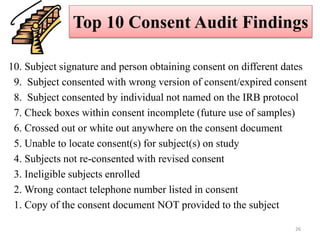 Top 10 Consent Audit Findings
10. Subject signature and person obtaining consent on different dates
9. Subject consented w...