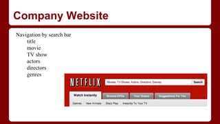 Company Website
Navigation by search bar
title
movie
TV show
actors
directors
genres
 