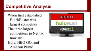 Competitive Analysis
When first established
BlockBuster was
largest competitor
The three largest
competitors to Netflix
now are...
Hulu, HBO GO, and
Amazon Prime
 