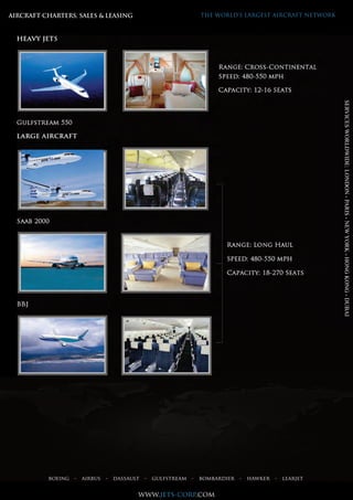 AIRCRAFT CHARTERS, SALES & LEASING THE WORLD’S LARGEST AIRCRAFT NETWORK
www.jets-corp.com
boeing - airbus - dassault - gulfstream - bombardier - hawker - learjet
SERVICESWORLDWIDE:LONDON-PARIS-NEWYORK-HONGKONG-DUBAI
 