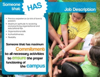 Job Description
functioning of
the campus
Someone that has maximum
to all necessary activities
to ensure the proper
Commitment
•	 Previous experience (or lots of love &
passion)
•	 Maximum aptitude to receiving
and practicing organizational and
educational tips
•	 Organizational skills
•	 Authoritativeness
•	 Flexibility
Someone
		that HAS
 