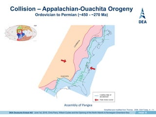 DEA Deutsche Erdoel AG PAGE 10
Collision – Appalachian-Ouachita Orogeny
Ordovician to Permian (~450 - ~270 Ma)
Assembly of Pangea
1
June 1st, 2016, Chris Parry, Wilson Cycles and the Opening of the North Atlantic & Norwegian-Greenland Sea
Simplified and modified from Thomas, 2006, GSA Today, 4 – 11.
 