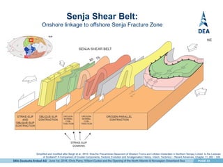 DEA Deutsche Erdoel AG PAGE 23
Senja Shear Belt:
Onshore linkage to offshore Senja Fracture Zone
Simplified and modified after Bergh et al., 2012. Was the Precambrian Basement of Western Troms and Lofoten-Vesterålen in Northern Norway Linked to the Lewisian
of Scotland? A Comparison of Crustal Components, Tectonic Evolution and Amalgamation History. Intech. Tectonics – Recent Advances, Chapter 11, 283 – 330.
June 1st, 2016, Chris Parry, Wilson Cycles and the Opening of the North Atlantic & Norwegian-Greenland Sea
 