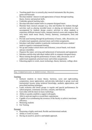 o Teaching pupils how to correctly play musical instruments like the piano,
guitar and bouzouki.
o Develop students’ interest in and appreciation of music through teaching
theory, history and practical skills.
o Undertake general teaching tasks.
o Develop individual student skills in computer-designed music.
o Illustrate basic musical concepts (e.g. time and rhythm) for students through
activities such as playing recorded music or playing an instrument in class
accompanied by students design creative activities to allow students to
experience different musical styles, interpret musical scores and compose their
own music teach music theory, history, harmony, counterpoint, form and
analysis.
o Provide aural training through the performance of music, talks, discussion, use
of audiovisual equipment, practical music and written assignments.
o Introduce individual students to particular instruments and assess students’
needs in regard to instrumental training.
o Set up and conduct school choirs and orchestras, concert bands, rock bands
and jazz ensembles.
o Organize the repair, servicing and replacement of instruments and equipment.
o Introduce and develop individual student skills in computer-designed music.
o Music training through the performance of music, talks, discussion, use of
audiovisual equipment, practical music and written assignments.
o Educating pupils in vocals, music technology, theory, harmony, solfege, dicte.
Key Competencies & Additional Skills
Teaching
• Instructs students in music theory, harmony, score and sight-reading,
composition, music appreciation, and provides individual or group vocal and
instrumental lessons using technical knowledge, aesthetic appreciation, and
prescribed teaching techniques.
• Leads orchestra and choral groups in regular and special performances for
school program, community activities, concerts, and festivals.
• Up to date with the latest in music technology.
• Ability to quickly establish a rapport with pupils.
• Able to motivate pupils to exceed their expectations.
• Capable of co-coordinating the resources of the faculty to achieve maximum
efficiency.
• Mentoring students
• Ear Training
Personal:
• Possessing a highly motivated, flexible and determined outlook.
• Ability to work in a team.
• Having an assertive, positive and helpful approach.
5
 