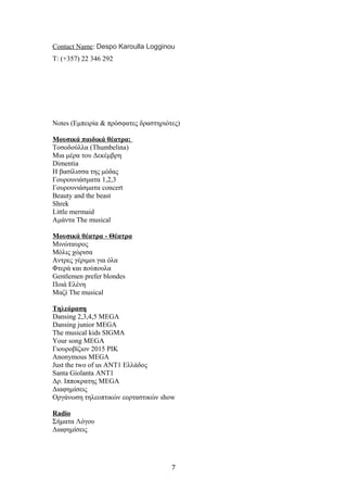 Contact Name: Despo Karoulla Logginou
T: (+357) 22 346 292
Notes (Εμπειρία & πρόσφατες δραστηριότες)
Μουσικά παιδικά θέατρα:
Toσοδούλλα (Thumbelina)
Μια μέρα του Δεκέμβρη
Dimentia
H βασίλισσα της μόδας
Γουρουνιάσματα 1,2,3
Γουρουνιάσματα concert
Beauty and the beast
Shrek
Little mermaid
Αμάντα The musical
Μουσικά θέατρα - Θέατρα
Μινώταυρος
Μόλις χώρισα
Αντρες γέριμοι για όλα
Φτερά και πούπουλα
Gentlemen prefer blondes
Ποιά Ελένη
Mαζί The musical
Tηλεόραση
Dansing 2,3,4,5 MEGA
Dansing junior MEGA
The musical kids SIGMA
Your song MEGA
Γιουροβίζιον 2015 ΡΙΚ
Anonymous MEGA
Just the two of us ANT1 Eλλάδος
Santa Giolanta ANT1
Δρ. Ιπποκρατης ΜΕGA
Διαφημίσεις
Οργάνωση τηλεοπτικών εορταστικών show
Radio
Σήματα Λόγου
Διαφημίσεις
7
 