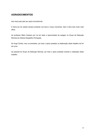 III
AGRADECIMENTOS
Aos meus pais pelo seu apoio incondicional.
À Xana por ter estado sempre presente nos bons e maus momentos. Sem ti teria sido muito mais
difícil.
Ao professor Mário Caetano por me ter dado a oportunidade de estagiar no Grupo de Detecção
Remota do Instituto Geográfico Português.
Ao Hugo Carrão, meu co-orientador, por todo o apoio prestado na elaboração deste trabalho de fim
de curso.
Ao pessoal do Grupo de Detecção Remota, por todo o apoio prestado durante a realização deste
trabalho.
 
