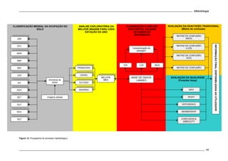 Metodologia
49
Figura 13. Fluxograma do processo metodológico.
PRIMAVERA
VERÃO
OUTONO
INVERNO
MELHOR
MÊS
ANÁLISE EXPLORATÓRIA DA
MELHOR IMAGEM PARA CADA
ESTAÇÃO DO ANO
AVALIAÇÃO DA QUALIDADE
(Funções fuzzy)
MATRIZ DE CONFUSÃO
MAX
DIFFERENCE
RIGHT
MEMBERSHIP
CONFUSION &
AMBIGUITY
MATRIZ DE CONFUSÃO
(ICR)
MATRIZ DE CONFUSÃO
(LCR)
MATRIZ DE CONFUSÃO
(MOS)
INFORMAÇÃOFINALDISPONIBILIZADAAOUTILIZADOR
Amostras de
treino
Imagens aéreas
AGO
JAN
FEV
MAR
MAI
ABR
JUN
JUL
NOV
OUT
SET
DEZ
CLASSIFICAÇÃO MENSAL DA OCUPAÇÃO DO
SOLO
BASE DE DADOS
LANDEO
ELABORAÇÃO E ANÁLISE
ESTATISTICA DA BASE
DE DADOS DE
REFERÊNCIA
Caracterização da
paisagem
ICR LCR MOS
AVALIAÇÃO DA EXACTIDÃO TRADICIONAL
(Matriz de confusão)
 