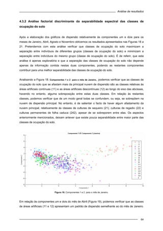 Análise de resultados
64
4.3.2 Análise factorial discriminante da separabilidade espectral das classes de
ocupação do solo
Após a elaboração dos gráficos de dispersão relativamente às componentes um e dois para os
meses de Janeiro, Abril, Agosto e Novembro obtivemos os resultados apresentados nas Figuras 18 a
21. Pretendemos com esta análise verificar que classes de ocupação do solo maximizam a
separação entre indivíduos de diferentes grupos (classes de ocupação do solo) e minimizam a
separação entre indivíduos do mesmo grupo (classe de ocupação do solo). É de referir, que esta
análise é apenas exploratória e que a separação das classes de ocupação do solo não depende
apenas da informação contida nestas duas componentes, podendo as restantes componentes
contribuir para uma melhor separabilidade das classes de ocupação do solo.
Analisando a Figura 18. Componentes 1 e 2 para o mês de Janeiro., podemos verificar que as classes de
ocupação do solo que se afastam mais da principal nuvem de dispersão são as classes relativas às
áreas artificiais contínuas (11) e as áreas artificiais descontínuas (12) ao longo do eixo das abcissas,
havendo no entanto, alguma sobreposição entre estas duas classes. Em relação às restantes
classes, podemos verificar que de um modo geral todas se confundem, ou seja, se sobrepõem na
nuvem de dispersão principal. No entanto, é de salientar o facto de haver algum afastamento da
nuvem principal, relativamente às classes de culturas de sequeiro (21), culturas de regadio (22) e
culturas permanentes de folha caduca (242), apesar de se sobreporem entre elas. Os aspectos
anteriormente mencionados, deixam antever que existe pouca separabilidade entre maior parte das
classes de ocupação do solo.
Figura 18. Componentes 1 e 2 para o mês de Janeiro.
Em relação às componentes um e dois do mês de Abril (Figura 19), podemos verificar que as classes
de áreas artificiais (11 e 12) apresentam um padrão de dispersão semelhante ao do mês de Janeiro.
 