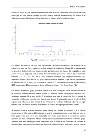 Análise de resultados
68
O quarto e último grupo é apenas composto pelas áreas artificiais contínuas e descontínuas. De facto
este grupo é o mais distante de todos os outros, aspecto este que já era esperado. No entanto, é de
salientar a pouca distância que existe entre ambas as classes anteriormente referidas.
Figura 22. Dendrograma para a imagem do mês de Janeiro.
Em relação às amostras de cada uma das classes, caracterizadas pela informação espectral da
imagem do mês de Abril, podemos verificar através da análise da Figura 23 e considerando
novamente a distância=20, que existem quatro grandes grupos de classes de ocupação do solo.
Assim sendo, da esquerda para a direita do dendrograma: grupo um - classes de povoamentos
florestais (311, 312, 321, 322, 331 e 332), vegetação arbustiva (34), vegetação herbácea (35),
vegetação esparsa (36) e solo nú (6); grupo dois - culturas de sequeiro (21) e culturas permanentes
de folha perene (241); grupo três - culturas de regadio (22), culturas permanentes de folha caduca
(242) e os arrozais (23); grupo quatro - áreas artificiais contínuas (11) e descontínuas (12).
Em relação ao primeiro grupo, podemos verificar que este é composto pelas mesmas classes do
grupo um da imagem relativa a Janeiro (Figura 22), mais as classes de vegetação herbácea (35),
vegetação esparsa (36) e solo nú (6). È de salientar que para a imagem de Abril, a classe de
vegetação herbácea se encontra mais distante das classes de vegetação esparsa e solo nú. Este
aspecto está relacionado com o facto de na Primavera a vegetação herbácea estar no seu vigor
máximo e dai a sua maior distância relativamente às classes de vegetação esparsa e solo nú.
O segundo grupo é apenas composto pelas classes de culturas de sequeiro (21) e culturas
permanentes de folha perene (241), estando no entanto estas classes muito pouco distantes entre si.
Este grupo revela que houve uma separação entre estas duas classes e as restantes classes
agrícolas que para a imagem do mês de Janeiro (Figura 23) se encontravam todas no mesmo grupo.
Julgamos que esta separação esteja relacionada com o facto de na Primavera as culturas de
sequeiro já se encontrarem num avançado estado de desenvolvimento e por outro lado as culturas
 