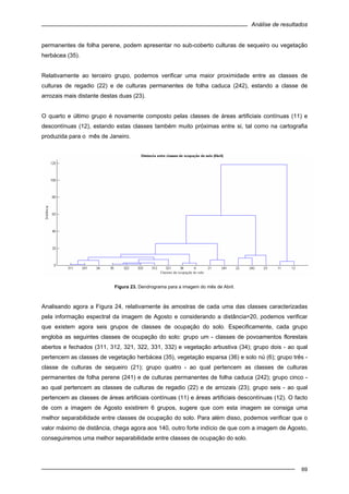 Análise de resultados
69
permanentes de folha perene, podem apresentar no sub-coberto culturas de sequeiro ou vegetação
herbácea (35).
Relativamente ao terceiro grupo, podemos verificar uma maior proximidade entre as classes de
culturas de regadio (22) e de culturas permanentes de folha caduca (242), estando a classe de
arrozais mais distante destas duas (23).
O quarto e último grupo é novamente composto pelas classes de áreas artificiais contínuas (11) e
descontínuas (12), estando estas classes também muito próximas entre si, tal como na cartografia
produzida para o mês de Janeiro.
Figura 23. Dendrograma para a imagem do mês de Abril.
Analisando agora a Figura 24, relativamente às amostras de cada uma das classes caracterizadas
pela informação espectral da imagem de Agosto e considerando a distância=20, podemos verificar
que existem agora seis grupos de classes de ocupação do solo. Especificamente, cada grupo
engloba as seguintes classes de ocupação do solo: grupo um - classes de povoamentos florestais
abertos e fechados (311, 312, 321, 322, 331, 332) e vegetação arbustiva (34); grupo dois - ao qual
pertencem as classes de vegetação herbácea (35), vegetação esparsa (36) e solo nú (6); grupo três -
classe de culturas de sequeiro (21); grupo quatro - ao qual pertencem as classes de culturas
permanentes de folha perene (241) e de culturas permanentes de folha caduca (242); grupo cinco -
ao qual pertencem as classes de culturas de regadio (22) e de arrozais (23); grupo seis - ao qual
pertencem as classes de áreas artificiais contínuas (11) e áreas artificiais descontínuas (12). O facto
de com a imagem de Agosto existirem 6 grupos, sugere que com esta imagem se consiga uma
melhor separabilidade entre classes de ocupação do solo. Para além disso, podemos verificar que o
valor máximo de distância, chega agora aos 140, outro forte indício de que com a imagem de Agosto,
conseguiremos uma melhor separabilidade entre classes de ocupação do solo.
 