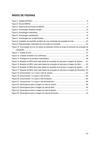 VIII
ÍNDICE DE FIGURAS
Figura 1. Satélite ENVISAT..................................................................................................................... 6
Figura 2. Sensor MERIS.......................................................................................................................... 7
Figura 3. Sistema de varrimento do MERIS............................................................................................ 8
Figura 4. Amostragem aleatória simples............................................................................................... 13
Figura 5. Amostragem sistemática........................................................................................................ 14
Figura 6. Amostragem estratificada. ..................................................................................................... 16
Figura 7. Amostragem por conglomerados........................................................................................... 18
Figura 8. Avaliação da exactidão temática de uma cartografia de ocupação do solo.......................... 22
Figura 9. Representação matemática de uma matriz de confusão. ..................................................... 23
Figura 10. Acumulação do erro em dados de detecção remota ao longo do processo de produção de
cartografia..................................................................................................................................... 26
Figura 11. Análise do erro. .................................................................................................................... 27
Figura 12. Unidade amostral e sua vizinhança. .................................................................................... 39
Figura 13. Fluxograma do processo metodológico............................................................................... 49
Figura 14. Boxplots do NDVI para cada classe de ocupação do solo para a imagem de Janeiro....... 61
Figura 15. Boxplots do NDVI para cada classe de ocupação do solo para a imagem de Abril........... 62
Figura 16. Boxplots do NDVI para cada classe de ocupação do solo para a imagem de Agosto........ 63
Figura 17. Boxplots do NDVI para cada classe de ocupação do solo para a imagem de Novembro. 63
Figura 18. Componentes 1 e 2 para o mês de Janeiro........................................................................ 64
Figura 19. Componentes 1 e 2 para o mês de Abril. ............................................................................ 65
Figura 20. Componentes 1 e 2 para o mês de Agosto. ........................................................................ 66
Figura 21. Componentes 1 e 2 para o mês de Novembro.................................................................... 66
Figura 22. Dendrograma para a imagem do mês de Janeiro. .............................................................. 68
Figura 23. Dendrograma para a imagem do mês de Abril.................................................................... 69
Figura 24. Dendrograma para a imagem do mês de Agosto................................................................ 71
Figura 25. Dendrograma para a imagem do mês de Novembro........................................................... 72
 