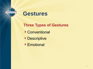 Gestures
Three Types of Gestures
Conventional
Descriptive
Emotional




                          4
 