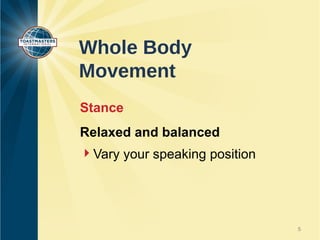 Whole Body
Movement
Stance
Relaxed and balanced
Vary your speaking position




                               5
 