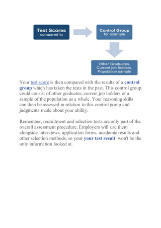 Your test score is then compared with the results of a control
group which has taken the tests in the past. This control group
could consist of other graduates, current job holders or a
sample of the population as a whole. Your reasoning skills
can then be assessed in relation to this control group and
judgments made about your ability.
Remember, recruitment and selection tests are only part of the
overall assessment procedure. Employers will use them
alongside interviews, application forms, academic results and
other selection methods, so your your test result won't be the
only information looked at.
 