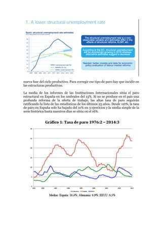 nueva fase del ciclo productivo. Para corregir ese tipo de paro hay que incidir en
las estructuras productivas.
La media de los informes de las Instituciones Internacionales sitúa el paro
estructural en España en los umbrales del 15%. Si no se produce en el país una
profunda reforma de la oferta de trabajo, las altas tasa de paro seguirán
ratificando la lista de las estadísticas de los últimos 25 años. Desde 1976, la tasa
de paro en España solo ha bajado del 1o% en 3 ejercicios y la media simple de la
serie histórica hasta nuestros días se sitúa en el 16%.
 
