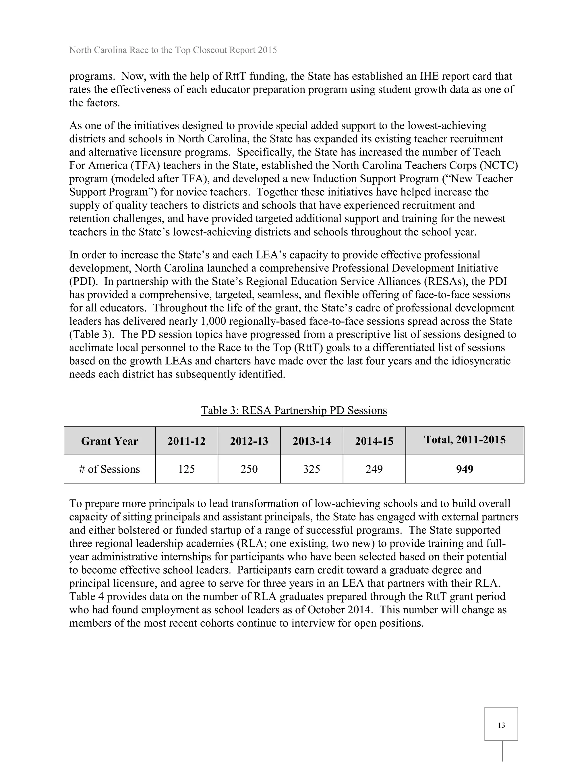 North Carolina Race to the Top Closeout Report 2015
13
programs. Now, with the help of RttT funding, the State has established an IHE report card that
rates the effectiveness of each educator preparation program using student growth data as one of
the factors.
As one of the initiatives designed to provide special added support to the lowest-achieving
districts and schools in North Carolina, the State has expanded its existing teacher recruitment
and alternative licensure programs. Specifically, the State has increased the number of Teach
For America (TFA) teachers in the State, established the North Carolina Teachers Corps (NCTC)
program (modeled after TFA), and developed a new Induction Support Program (“New Teacher
Support Program”) for novice teachers. Together these initiatives have helped increase the
supply of quality teachers to districts and schools that have experienced recruitment and
retention challenges, and have provided targeted additional support and training for the newest
teachers in the State’s lowest-achieving districts and schools throughout the school year.
In order to increase the State’s and each LEA’s capacity to provide effective professional
development, North Carolina launched a comprehensive Professional Development Initiative
(PDI). In partnership with the State’s Regional Education Service Alliances (RESAs), the PDI
has provided a comprehensive, targeted, seamless, and flexible offering of face-to-face sessions
for all educators. Throughout the life of the grant, the State’s cadre of professional development
leaders has delivered nearly 1,000 regionally-based face-to-face sessions spread across the State
(Table 3). The PD session topics have progressed from a prescriptive list of sessions designed to
acclimate local personnel to the Race to the Top (RttT) goals to a differentiated list of sessions
based on the growth LEAs and charters have made over the last four years and the idiosyncratic
needs each district has subsequently identified.
Table 3: RESA Partnership PD Sessions
Grant Year 2011-12 2012-13 2013-14 2014-15 Total, 2011-2015
# of Sessions 125 250 325 249 949
To prepare more principals to lead transformation of low-achieving schools and to build overall
capacity of sitting principals and assistant principals, the State has engaged with external partners
and either bolstered or funded startup of a range of successful programs. The State supported
three regional leadership academies (RLA; one existing, two new) to provide training and full-
year administrative internships for participants who have been selected based on their potential
to become effective school leaders. Participants earn credit toward a graduate degree and
principal licensure, and agree to serve for three years in an LEA that partners with their RLA.
Table 4 provides data on the number of RLA graduates prepared through the RttT grant period
who had found employment as school leaders as of October 2014. This number will change as
members of the most recent cohorts continue to interview for open positions.
 
