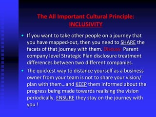 The All Important Cultural Principle:
INCLUSIVITY
• If you want to take other people on a journey that
you have mapped-out, then you need to SHARE the
facets of that journey with them. Discuss: Parent
company level Strategic Plan disclosure treatment
differences between two different companies.
• The quickest way to distance yourself as a business
owner from your team is not to share your vision/
plan with them…and KEEP them informed about the
progress being made towards realising the vision
periodically. ENSURE they stay on the journey with
you !
 