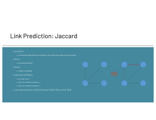❏ Intuition
❏ Unconnected nodes which are connected to many of the same nodes may be connected
❏ Pro’s
❏ No training necessary
❏ Con’s
❏ Intuition is unrealistic
❏ Jaccard similarity
❏ For node u and v
❏ N(u): set of nodes connected to u
❏ N(v): set of nodes connected to v
❏ Jaccard similarity is |N(u) intersect N(v)| / |N(u) union N(v)|
Link Prediction: Jaccard
 