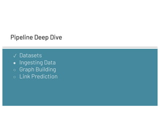 Pipeline Deep Dive
✓ Datasets
● Ingesting Data
○ Graph Building
○ Link Prediction
 